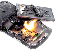 telefonino che ha preso fuoco insieme alla batteria